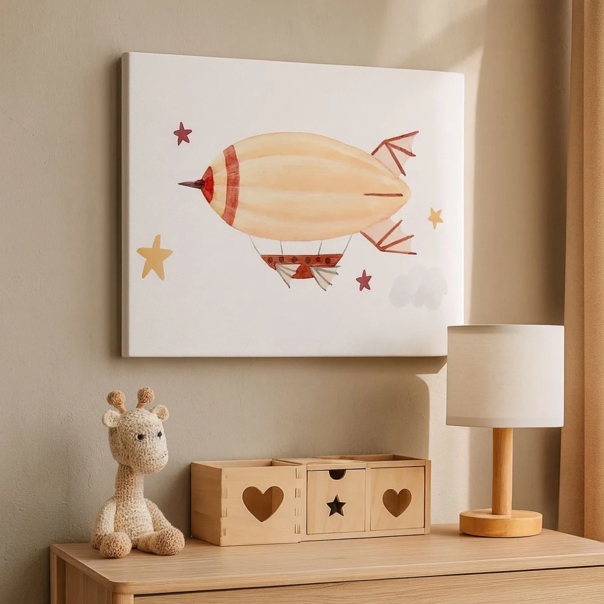 Quadro em tela - Um dirigível pintado à mão com um cenário de estrelas - 70x50cm - Dirigível - Decoração de parede moderna para a sala de estar e quarto ARTTOR