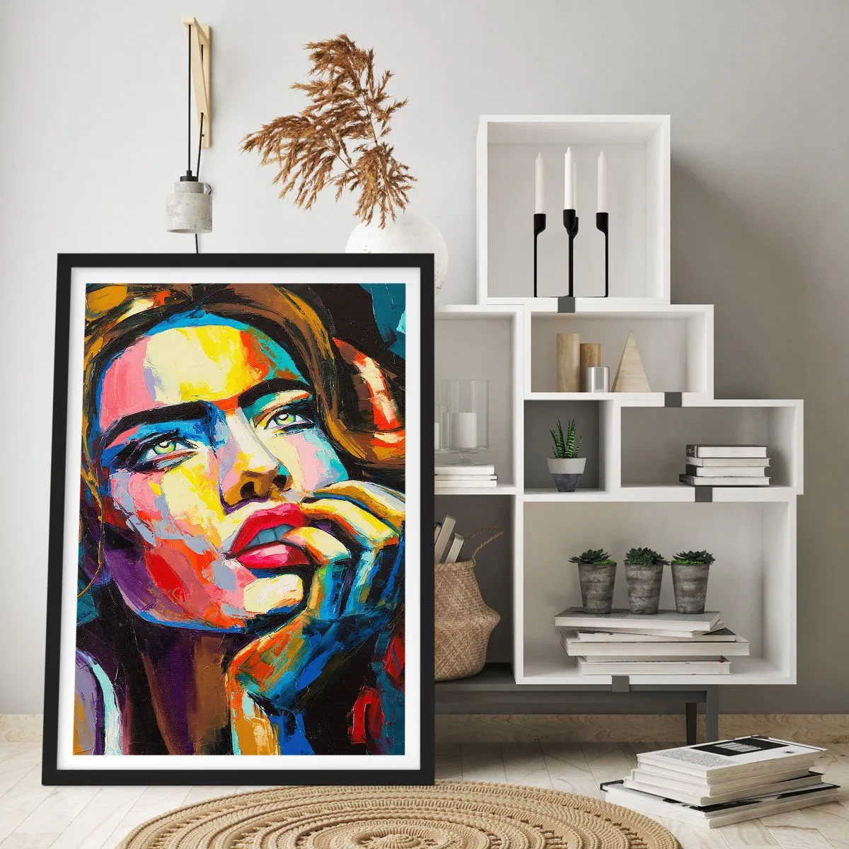 Pôster com moldura preta - Um retrato impressionante e colorido de uma mulher em um estilo expressivo. - 50x70cm - Sonhos como pássaros voando no céu - Decoração de parede moderna para a sala de estar e quarto ARTTOR