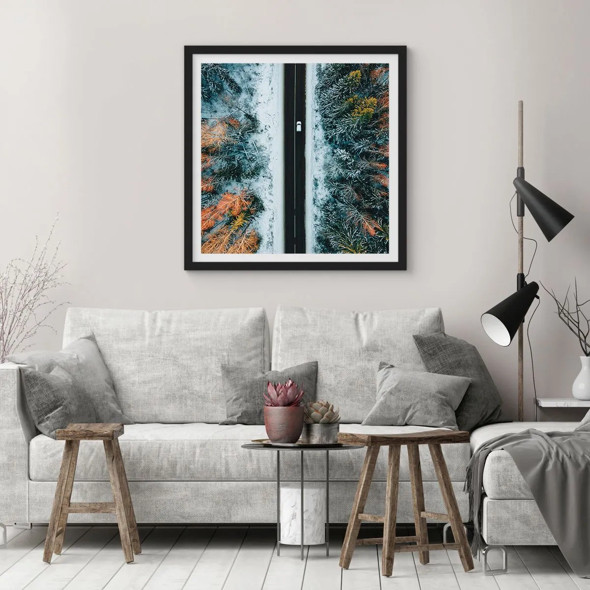 Pôster com moldura preta - Cortar a floresta no inverno - 40x40 cm