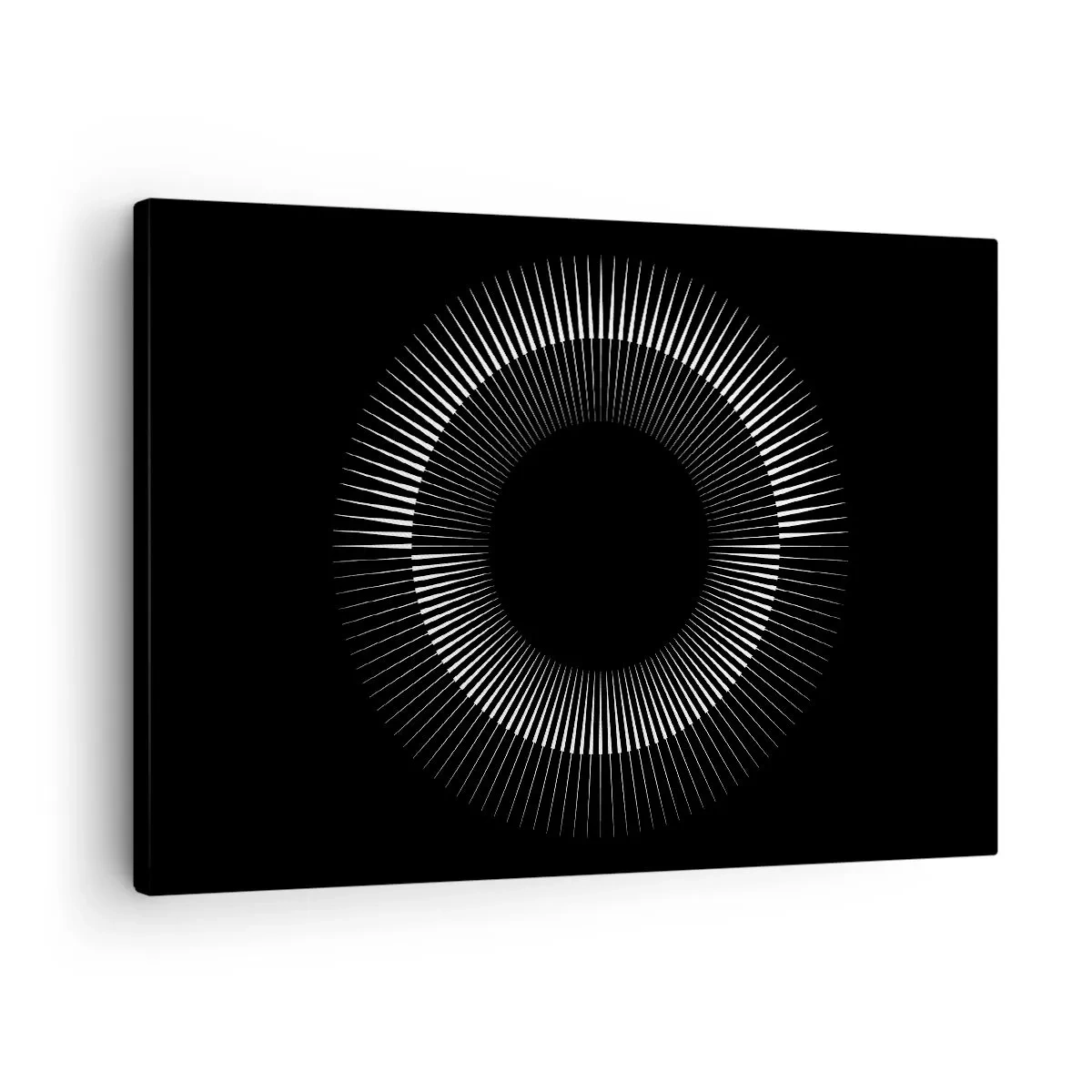 Quadro em tela - Círculo gráfico com raios em preto e branco - 70x50cm - Sol preto - Decoração de parede moderna para a sala de estar e quarto ARTTOR