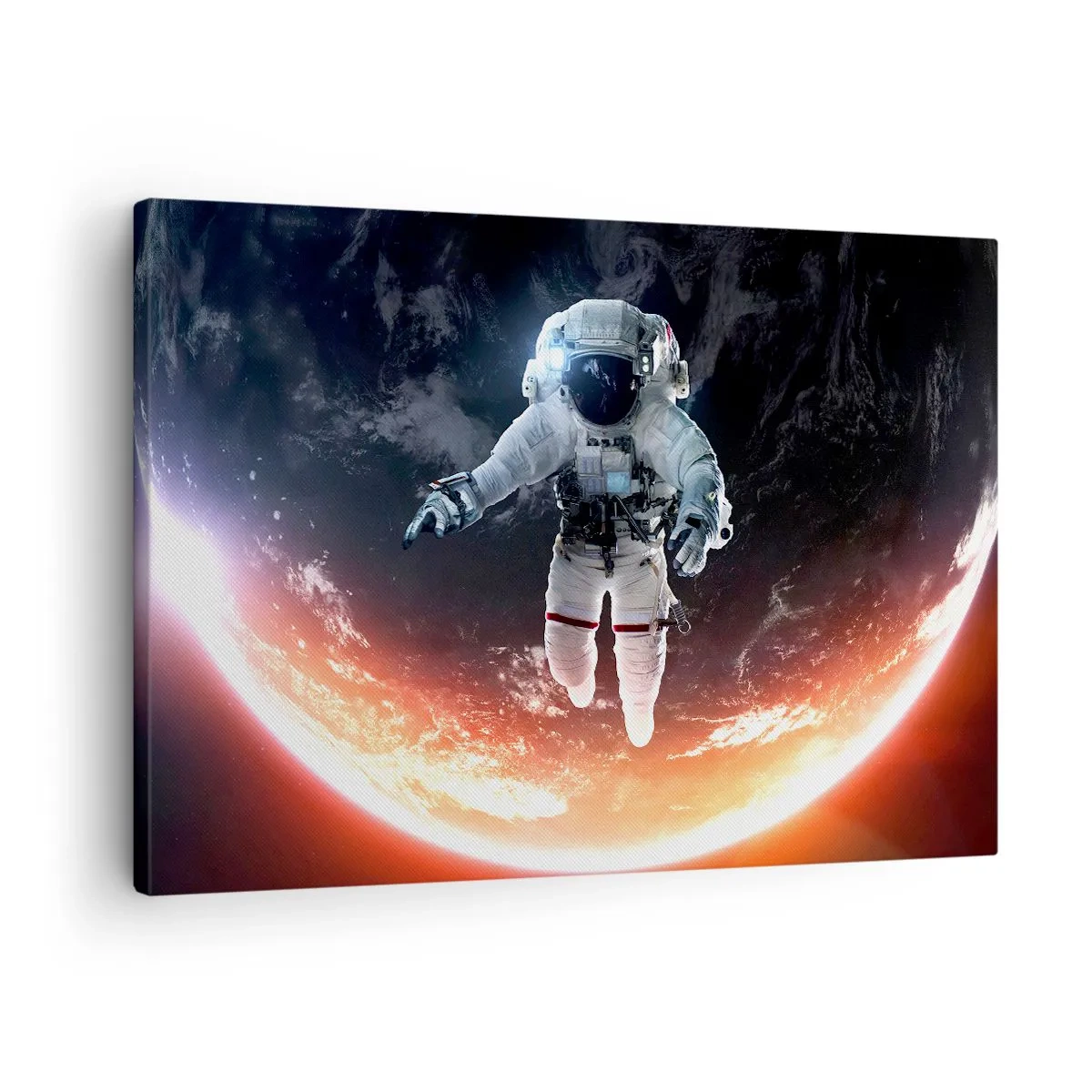 Quadro em tela - Um astronauta flutuando sobre uma Terra iluminada pelo sol - 70x50cm - Posso ficar um pouco mais? - Decoração de parede moderna para a sala de estar e quarto ARTTOR