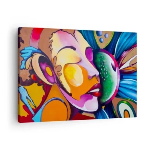 Quadro em tela - Uma abstração colorida com um motivo facial em uma composição dinâmica - 70x50cm - Toque de cor - Decoração de parede moderna para a sala de estar e quarto ARTTOR