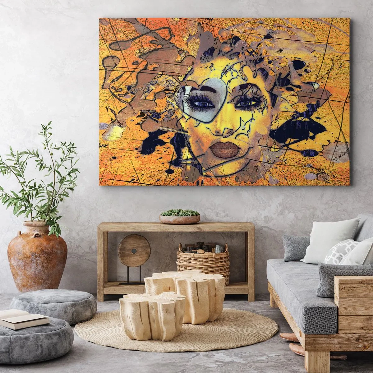 Quadro em tela - Retrato abstrato de uma mulher em tons amarelo-dourados - 70x50cm - Beleza ensolarada - Decoração de parede moderna para a sala de estar e quarto ARTTOR