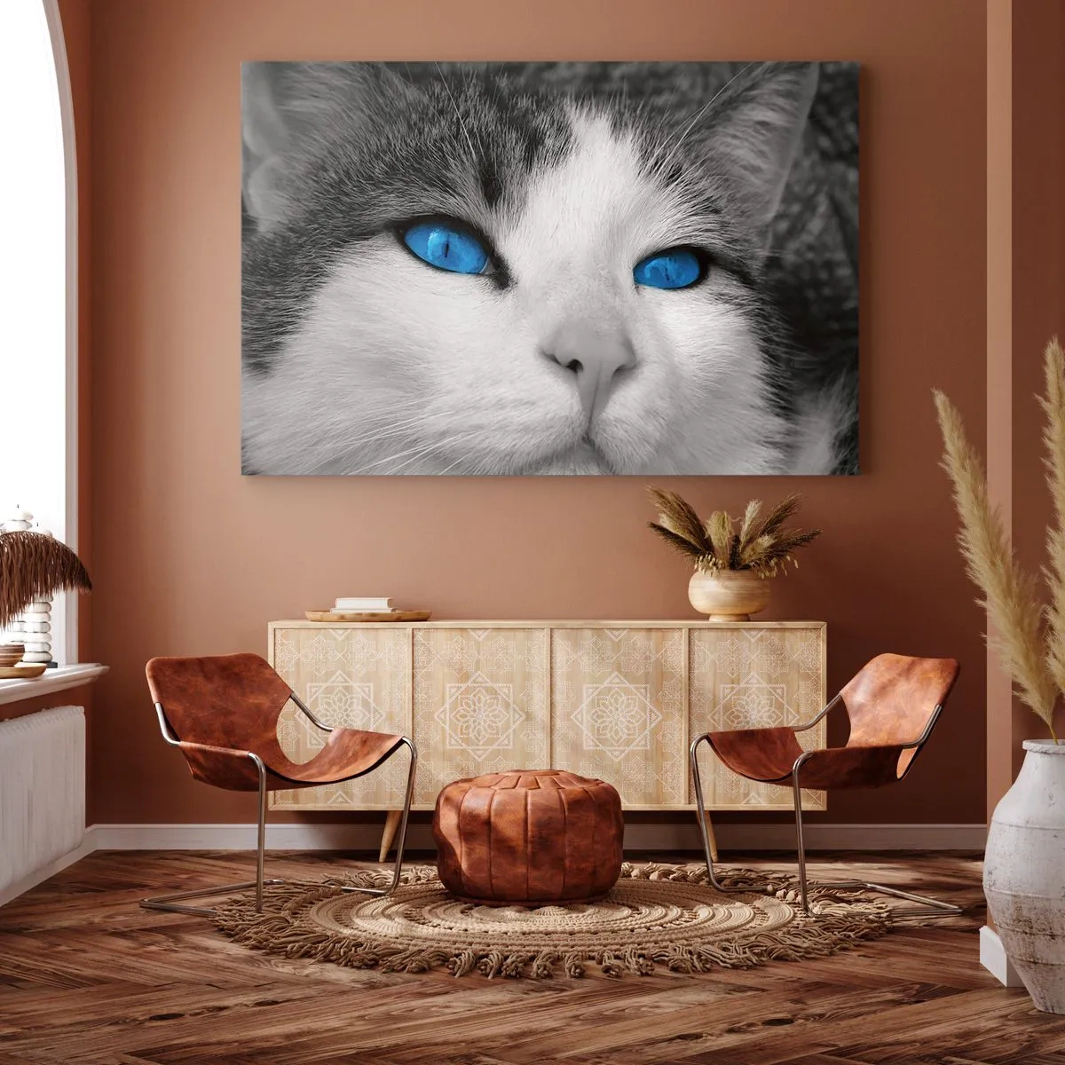 Quadro em tela - Retrato de um gato com olhos azuis em estilo preto e branco - 70x50cm - Raridade de olhos azuis - Decoração de parede moderna para a sala de estar e quarto ARTTOR