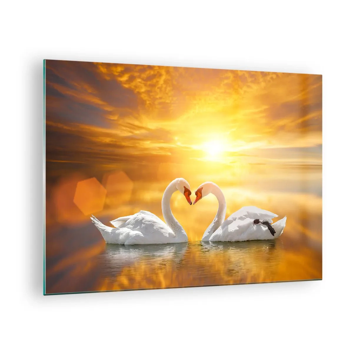 Quadro em vidro - Dois cisnes na água formando um coração contra o pano de fundo de um pôr do sol - 70x50cm - Coração é a palavra mais bonita do mundo... - Decoração de parede moderna para a sala de estar e quarto ARTTOR