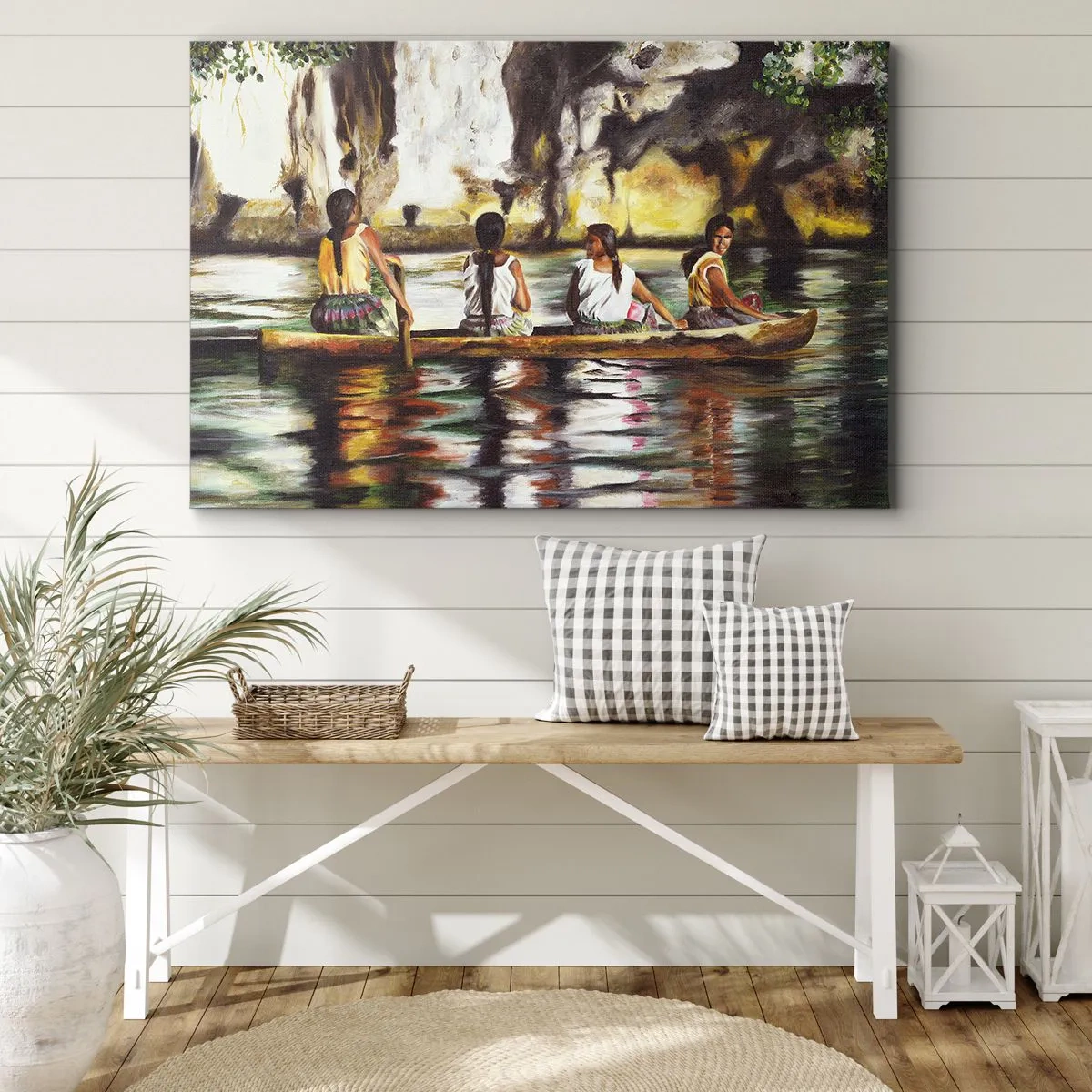 Quadro em tela - Mulheres em um barco em um rio calmo com um fundo pitoresco - 70x50cm - Num paraíso polinésio - Decoração de parede moderna para a sala de estar e quarto ARTTOR