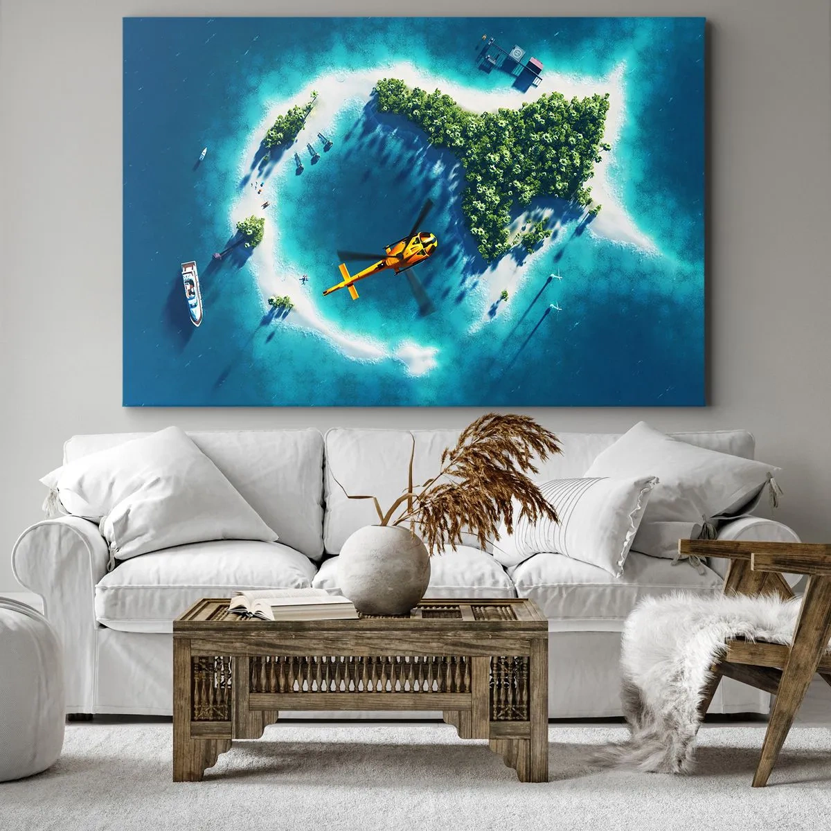 Quadro em tela - Uma ilha tropical cercada por águas azul-turquesa com um helicóptero à vista - 70x50cm - Compre uma ilha para si - Decoração de parede moderna para a sala de estar e quarto ARTTOR