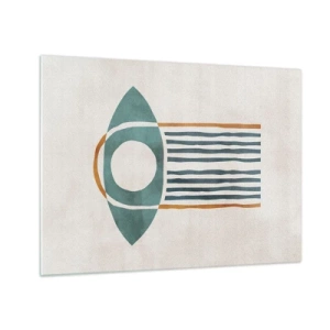 Quadro em vidro - Forma geométrica com um círculo e linhas em tons de verde e vermelho. - 70x50cm - Sinais e rituais - Decoração de parede moderna para a sala de estar e quarto ARTTOR