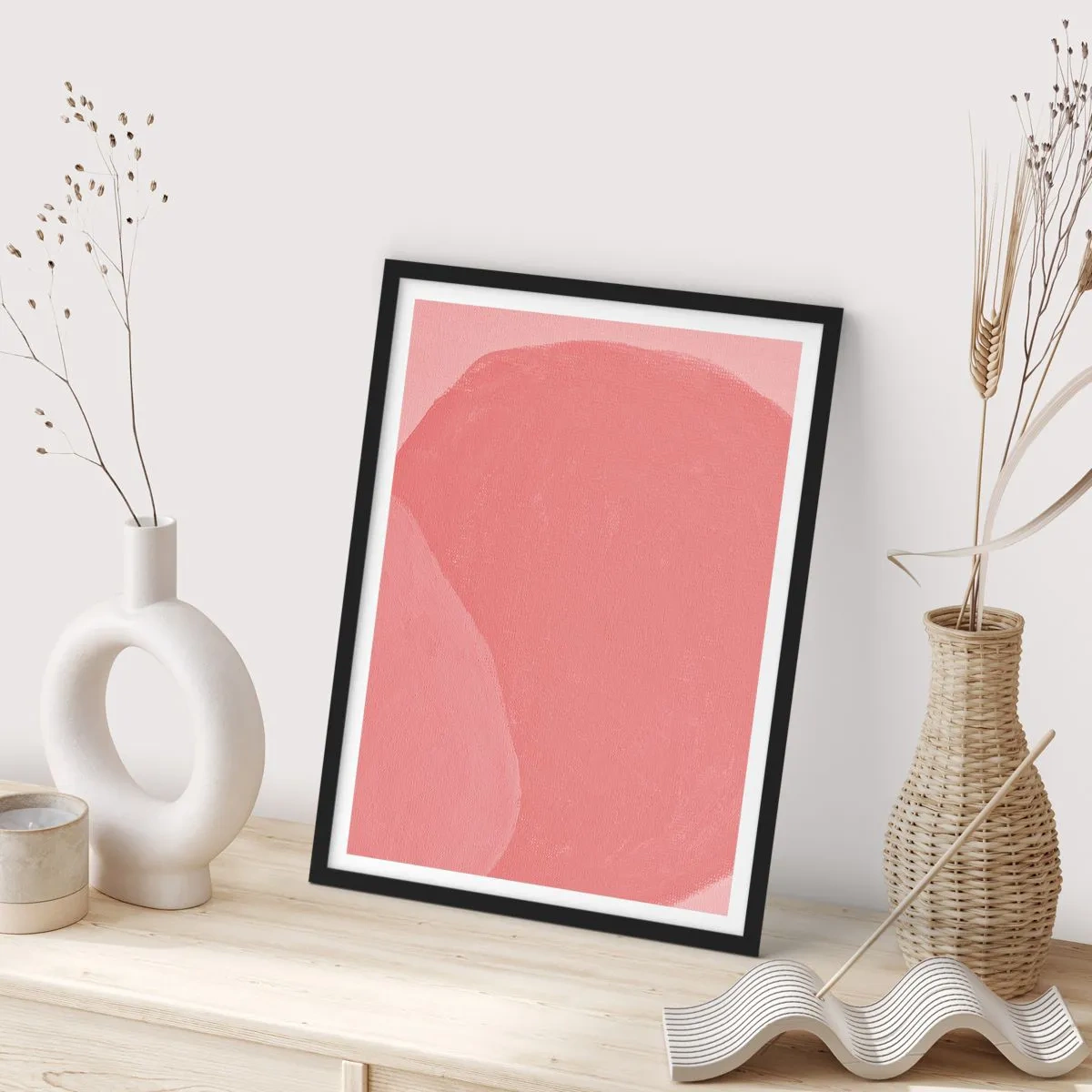 Pôster com moldura preta - Composição abstrata em tons de rosa - 50x70cm - Composição orgânica em rosa - Decoração de parede moderna para a sala de estar e quarto ARTTOR