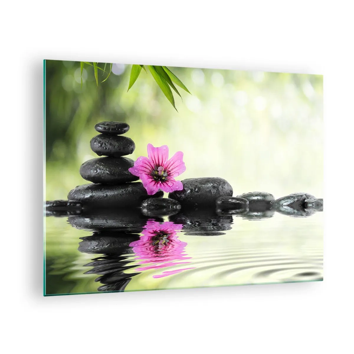 Quadro em vidro - Pedras pretas e uma flor rosa no contexto da natureza - 70x50cm - Tempo para a alma - Decoração de parede moderna para a sala de estar e quarto ARTTOR