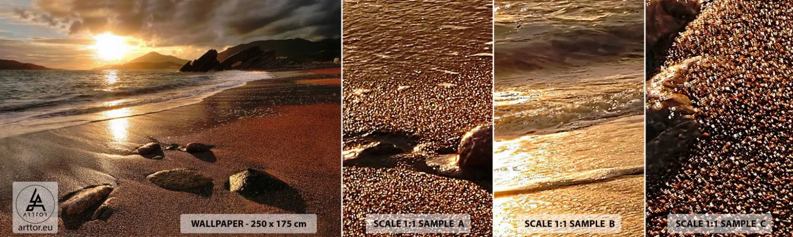 Amostra de Papel de Parede Standard Eco - Siga o sol em direção às colinas - Paisagem, Mar, Pôr do sol - 100x30 cm