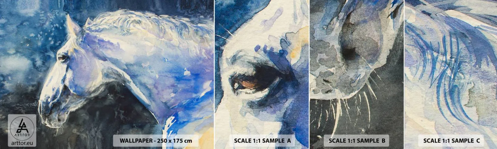 Amostra de Papel de Parede Standard Eco - Retrato com um brilho azul - Cavalo, Pintura, Animais - 100x30 cm