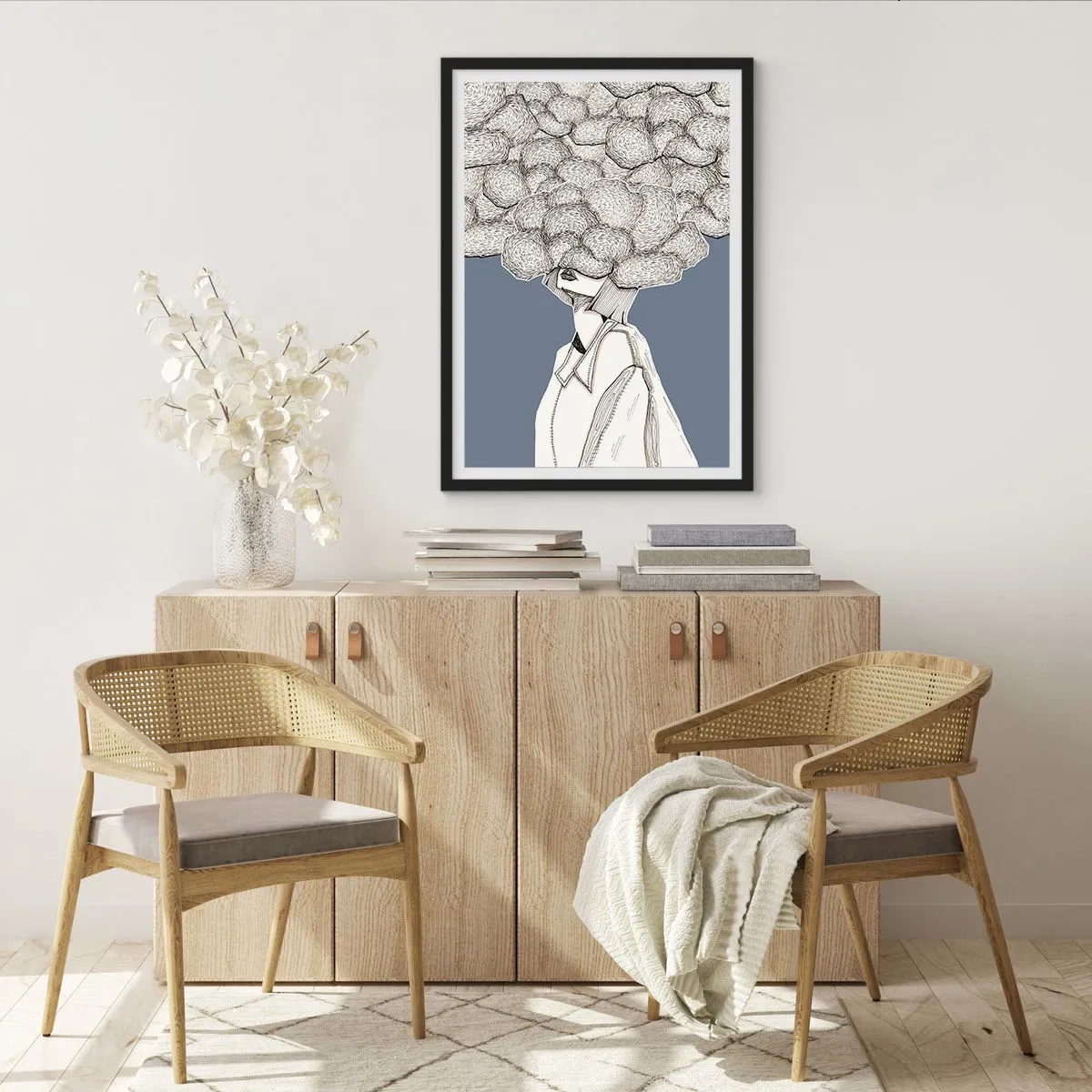 Pôster com moldura preta - Uma figura com uma nuvem no lugar da cabeça, estilizada em tons de cinza. - 50x70cm - Com a cabeça nas nuvens - Decoração de parede moderna para a sala de estar e quarto ARTTOR