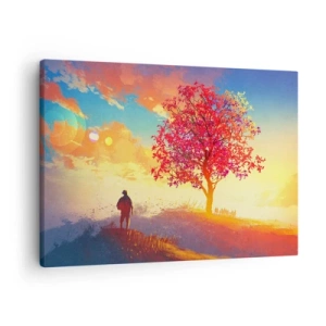 Quadro em tela - Uma figura em uma colina ao lado de uma árvore colorida à luz do pôr do sol - 70x50cm - O peregrino no seu destino - Decoração de parede moderna para a sala de estar e quarto ARTTOR