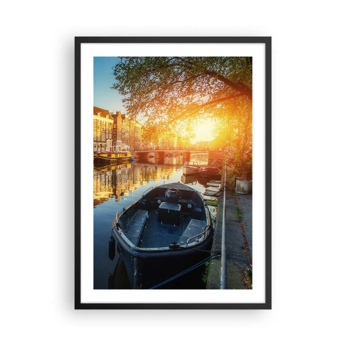 Pôster com moldura preta - Canal com barco ao pôr do sol - 50x70cm - Manhã em Amsterdã - Decoração de parede moderna para a sala de estar e quarto ARTTOR