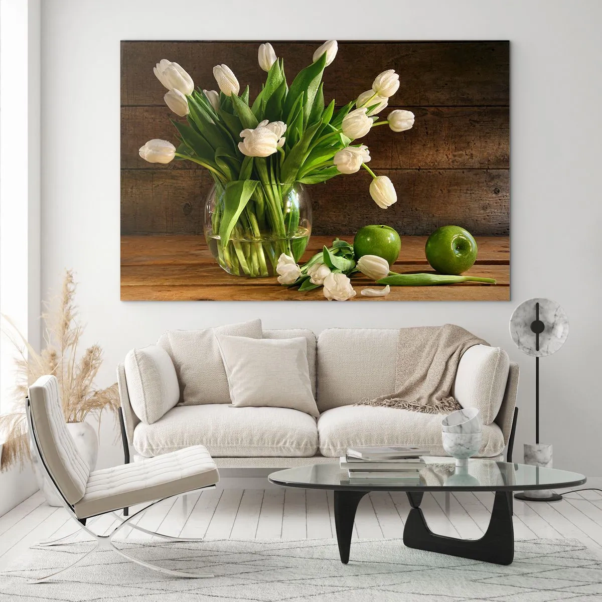 Quadro em vidro - Suculentas e frescas em verde e branco - 100x70 cm
