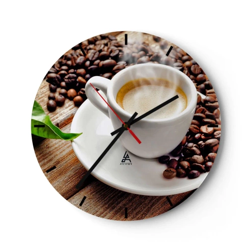Relógio de parede - Relógio em vidro - Uma xícara de café com grãos em um fundo de madeira - 30x30cm - Pausa para um café - Decoração de parede moderna para a sala de estar, cozinha e quarto ARTTOR