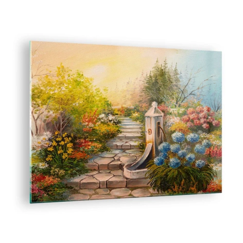 Quadro em vidro - Um jardim de flores com uma fonte em plena floração - 70x50cm - Em pleno florescimento - Decoração de parede moderna para a sala de estar e quarto ARTTOR