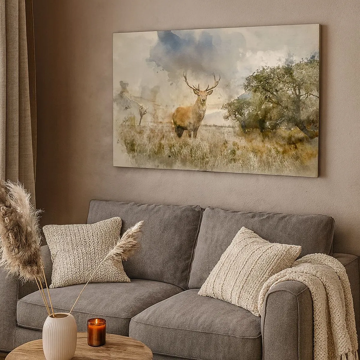 Quadro em tela - Um cervo em um ambiente natural em estilo aquarela - 70x50cm - Dignidade - força - dignidade - Decoração de parede moderna para a sala de estar e quarto ARTTOR