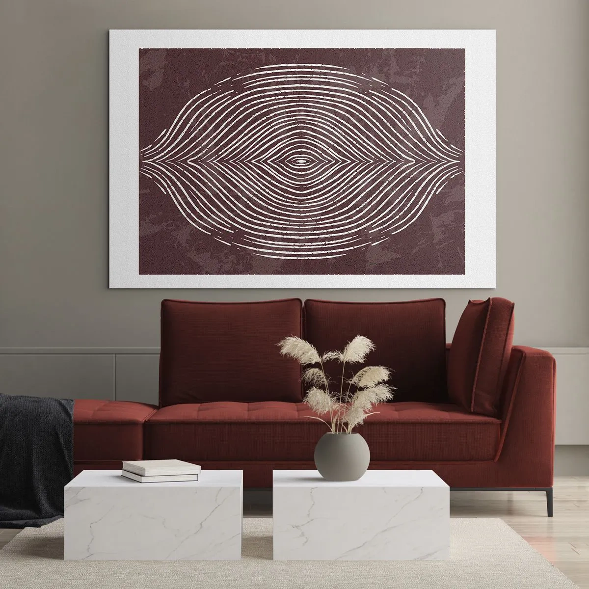 Quadro em vidro - Linhas simétricas em forma de olho em fundo bordô - 70x50cm - O espaço fala - Decoração de parede moderna para a sala de estar e quarto ARTTOR