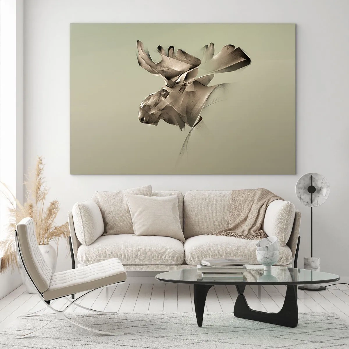 Quadro em vidro - Uma imagem moderna de um alce em um fundo verde - 70x50cm - O poder suave da calma - Decoração de parede moderna para a sala de estar e quarto ARTTOR