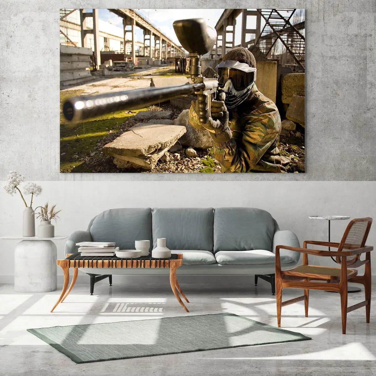 Quadro em vidro - Jogador de paintball em ação em ambiente industrial - 70x50cm - Você também pode ser um herói - Decoração de parede moderna para a sala de estar e quarto ARTTOR