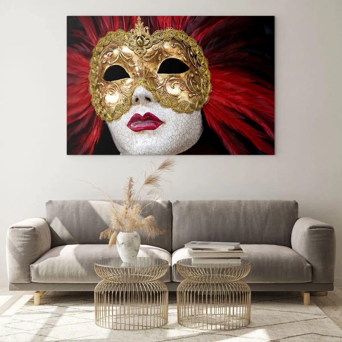 Quadro em vidro - Máscara de carnaval dourada com penas vermelhas - 70x50cm - A promessa da aventura de carnaval - Decoração de parede moderna para a sala de estar e quarto ARTTOR