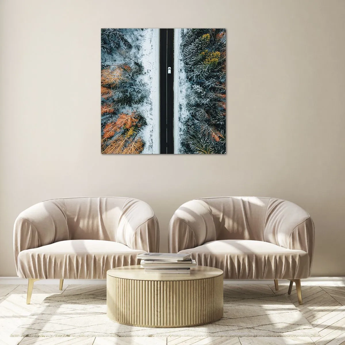 Quadro em vidro - Cortar a floresta no inverno - 40x40 cm