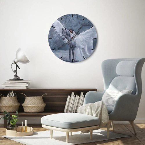Relógio de parede - Relógio em vidro - Uma mulher perto de um cavalo branco com asas abertas - 30x30cm - Momento inspirado - Decoração de parede moderna para a sala de estar, cozinha e quarto ARTTOR