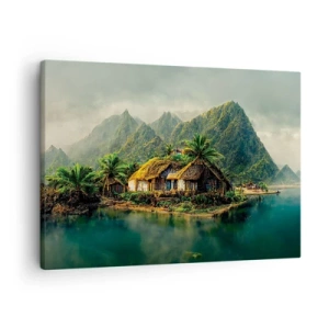 Quadro em tela - Uma ilha tropical com palmeiras e montanhas ao fundo - 70x50cm - Paraíso Tropical - Decoração de parede moderna para a sala de estar e quarto ARTTOR