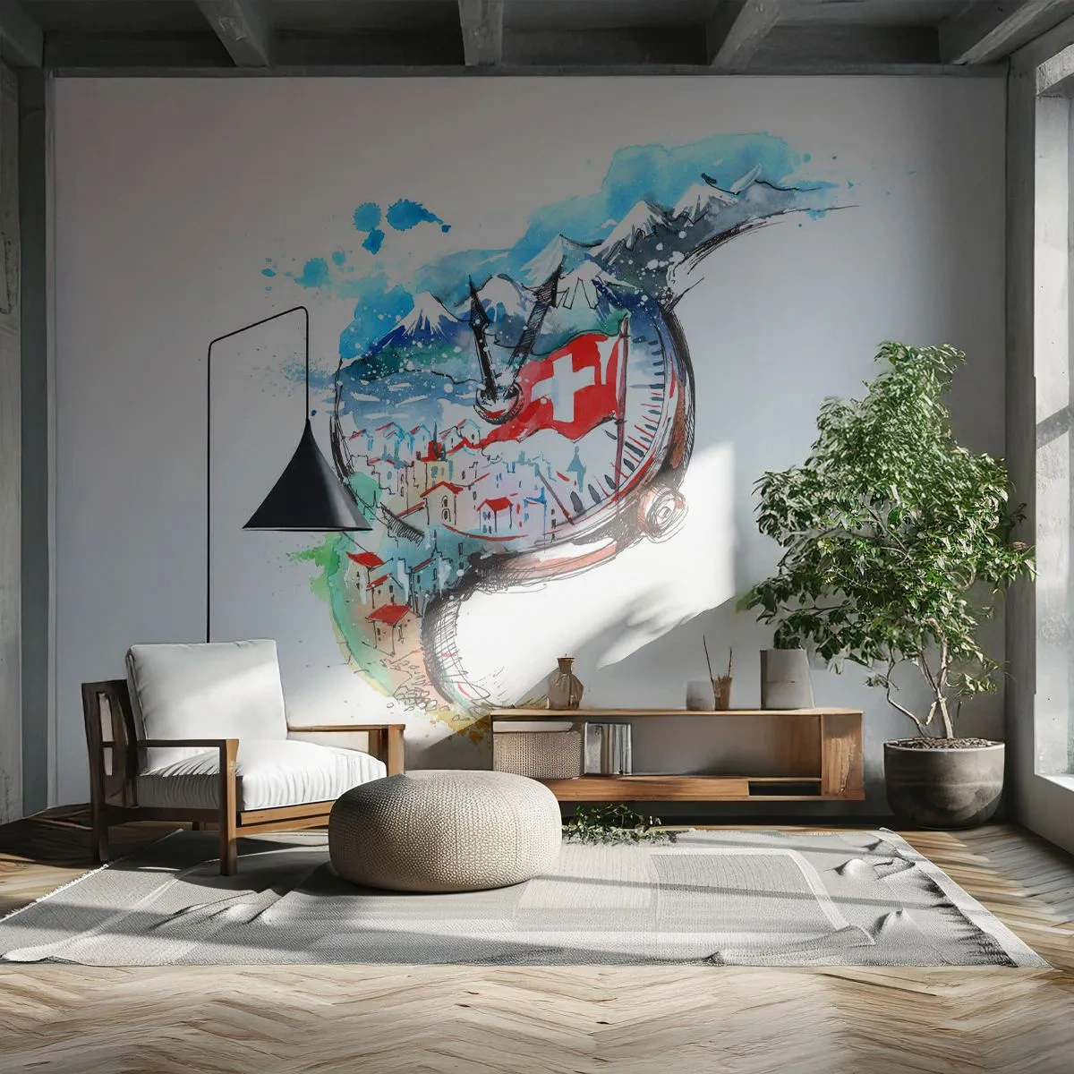 Papel de Parede Premium Sand - O Espírito da Suíça - Abstração, Relógio Suíço, Alpes - 400x280 cm