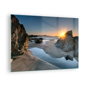 Quadro em vidro - Praia ao nascer do sol com rochas e água pitorescas - 70x50cm - Intocado pela mão humana - Decoração de parede moderna para a sala de estar e quarto ARTTOR