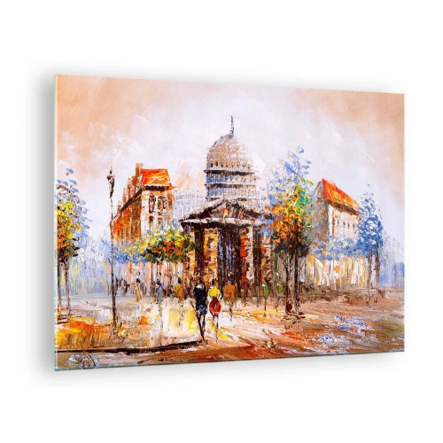 Quadro em vidro - Uma rua pitoresca da cidade com um edifício histórico ao fundo - 70x50cm - Passeio por Paris - Decoração de parede moderna para a sala de estar e quarto ARTTOR