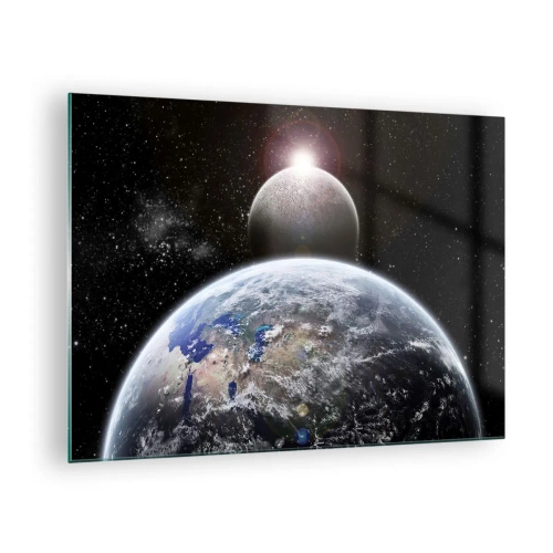 Quadro em vidro - Terra e Lua no espaço - 70x50cm - Paisagem espacial - o nascer do sol - Decoração de parede moderna para a sala de estar e quarto ARTTOR
