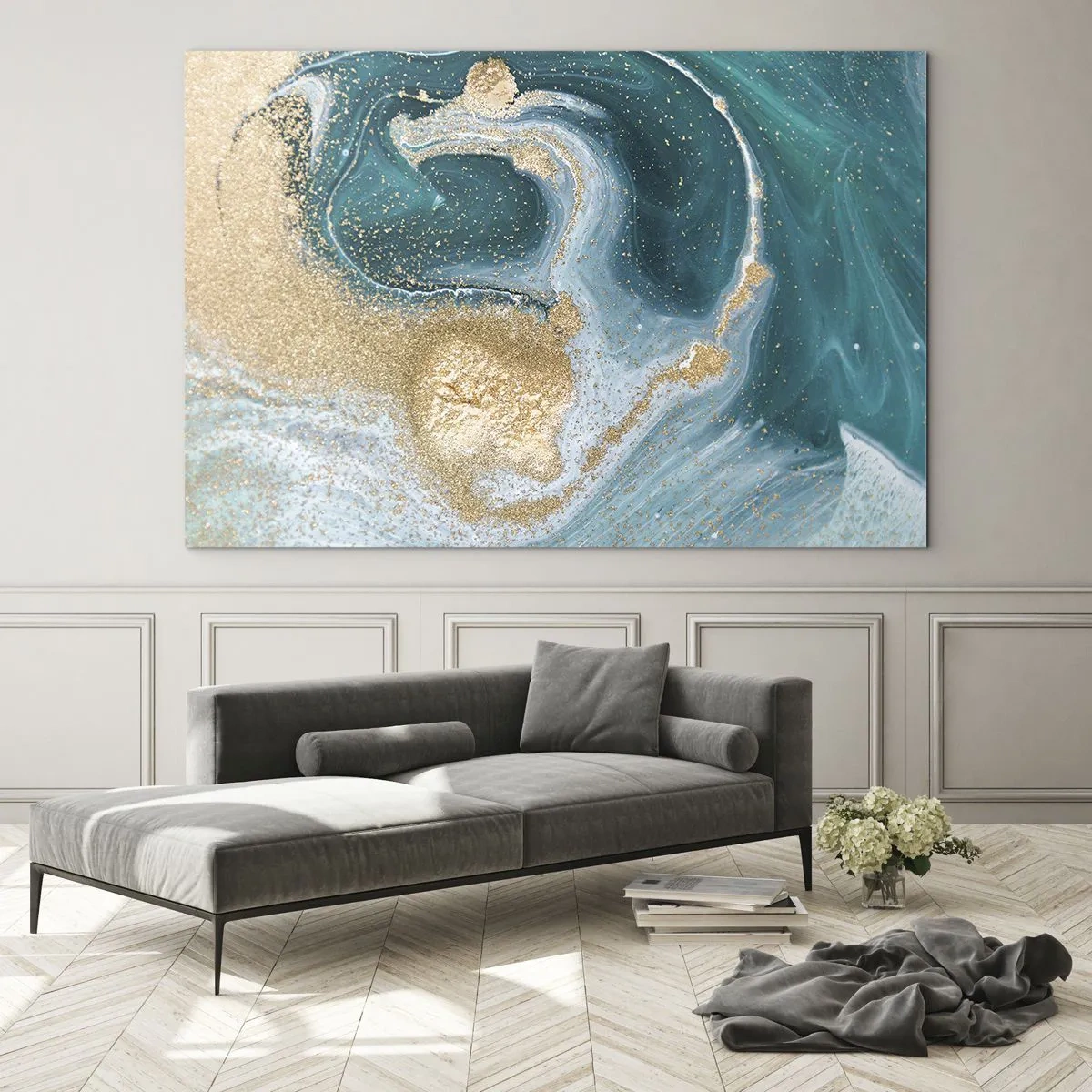 Quadro em vidro - Ouro sobre ondas turquesa em estilo abstrato - 70x50cm - Um vórtice de ouro e turquesa - Decoração de parede moderna para a sala de estar e quarto ARTTOR
