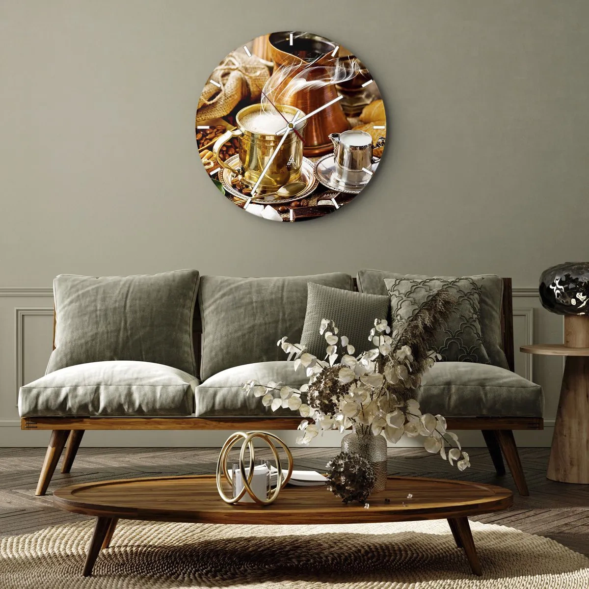 Relógio de parede - Relógio em vidro - Uma xícara de café fumegante em uma moldura dourada com acessórios - 30x30cm - Bons dias! - Decoração de parede moderna para a sala de estar, cozinha e quarto ARTTOR