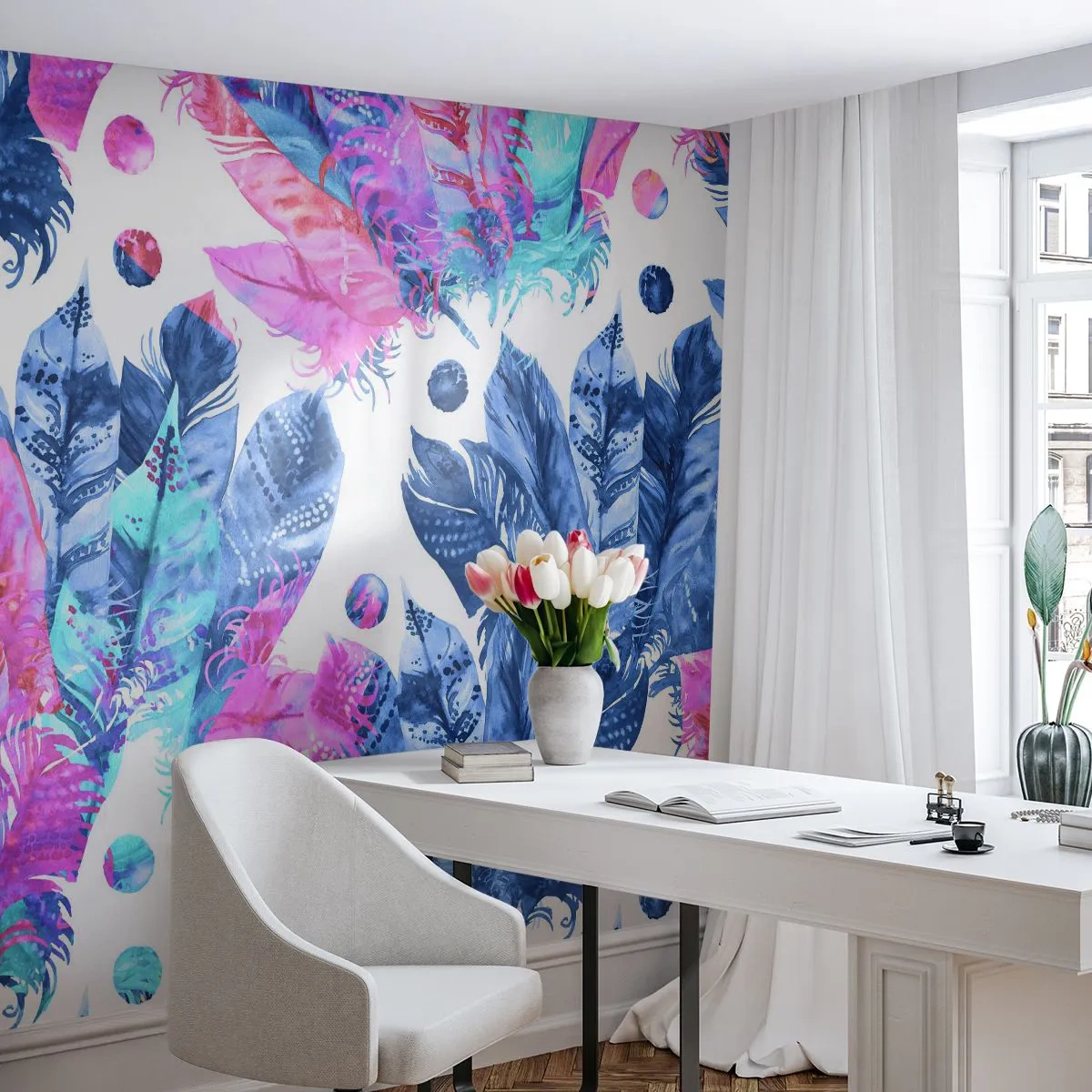 Papel de Parede Premium Canvas - Plumas em rosa e azul - Pena de pássaro, Ilustração colorida, Gráficos - 250x175 cm