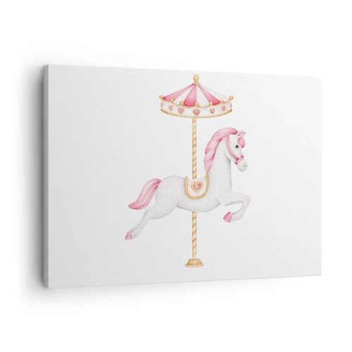 Quadro em tela - Um cavalo de carrossel em tons pastéis de rosa - 70x50cm - Caiu no chão - Decoração de parede moderna para a sala de estar e quarto ARTTOR