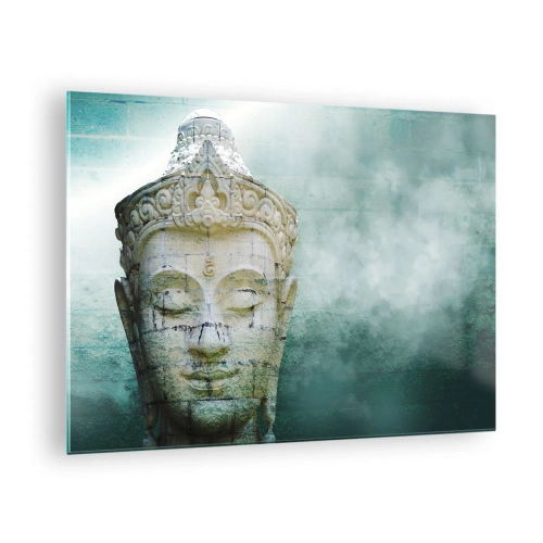 Quadro em vidro - Estátua de Buda em atmosfera mística - 70x50cm - Em busca da luz - Decoração de parede moderna para a sala de estar e quarto ARTTOR