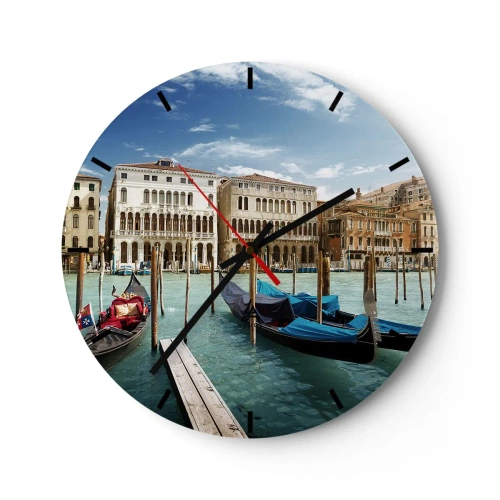 Relógio de parede - Relógio em vidro - Um canal veneziano com gôndolas e edifícios históricos - 30x30cm - Palácios em azul - Decoração de parede moderna para a sala de estar, cozinha e quarto ARTTOR