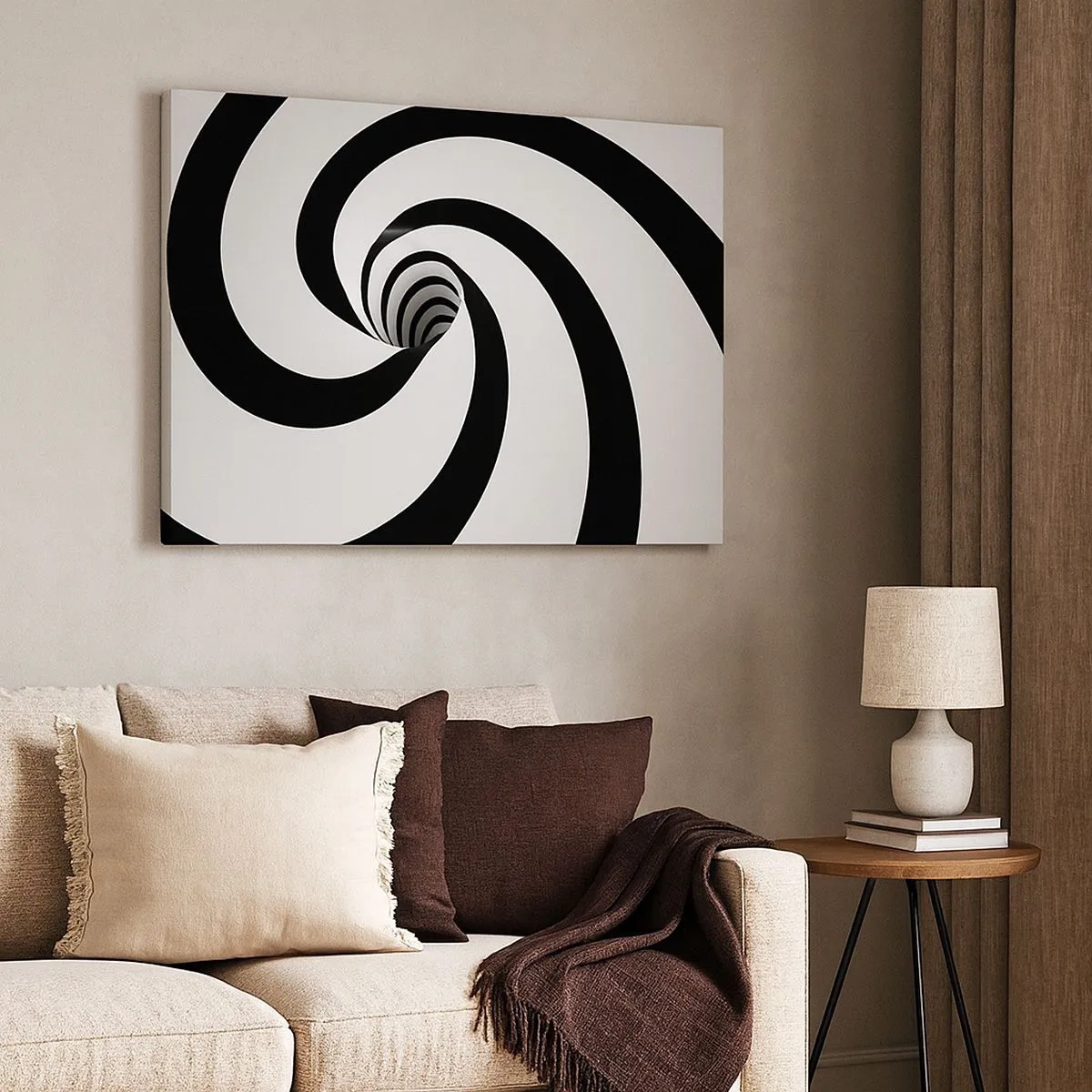 Quadro em tela - Espiral abstrata em preto e branco com efeito de redemoinho - 70x50cm - Deixar levar-se pelo vórtice - Decoração de parede moderna para a sala de estar e quarto ARTTOR