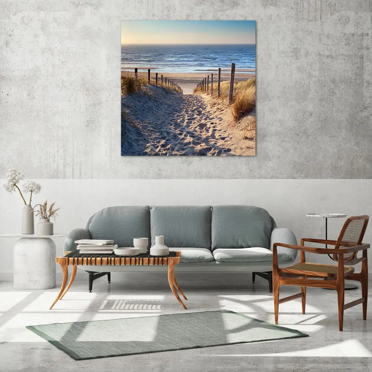 Quadro em vidro - O som do mar, o canto dos pássaros, a praia selvagem entre a relva... - 30x30 cm