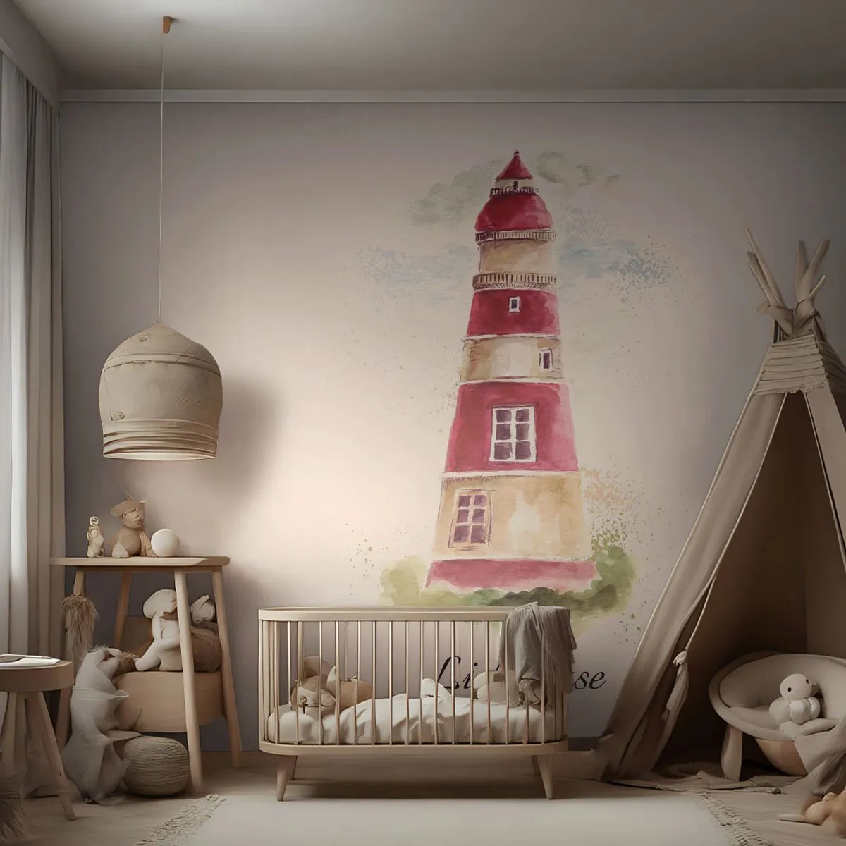 Papel de Parede Standard Eco - Farol em aquarela vermelha e branca - 100x70cm - Sempre há clima - Decoração de parede moderna para a sala de estar e quarto ARTTOR