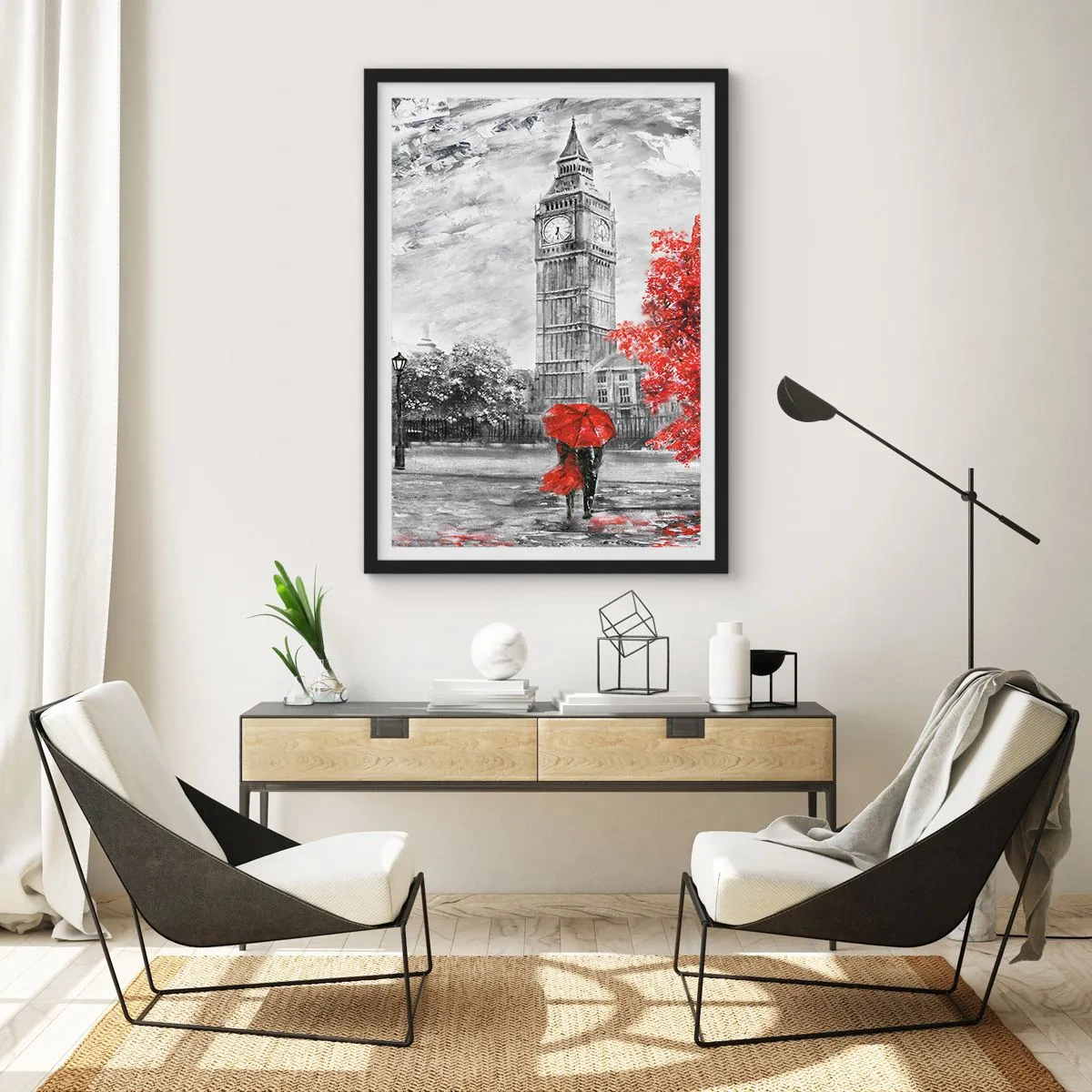 Pôster com moldura preta - Torre do Relógio com Guarda-chuva Vermelho - 50x70cm - Um dia emocionante - Decoração de parede moderna para a sala de estar e quarto ARTTOR