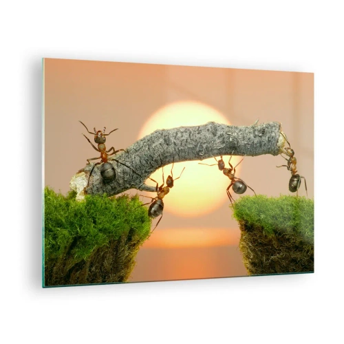 Quadro em vidro - Formigas construindo uma ponte ao pôr do sol - 70x50cm - Trabalho alegre e colaborativo - Decoração de parede moderna para a sala de estar e quarto ARTTOR