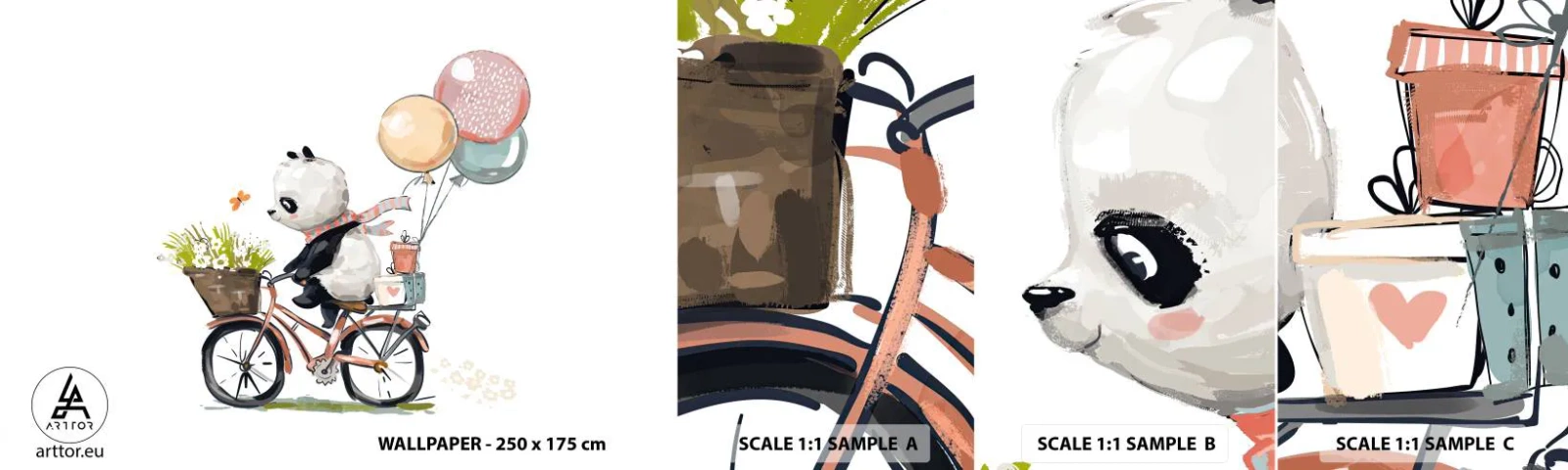 Amostra de Papel de Parede Standard Eco - Dia feliz - Para crianças, Panda em uma bicicleta, Abstração - 100x30 cm