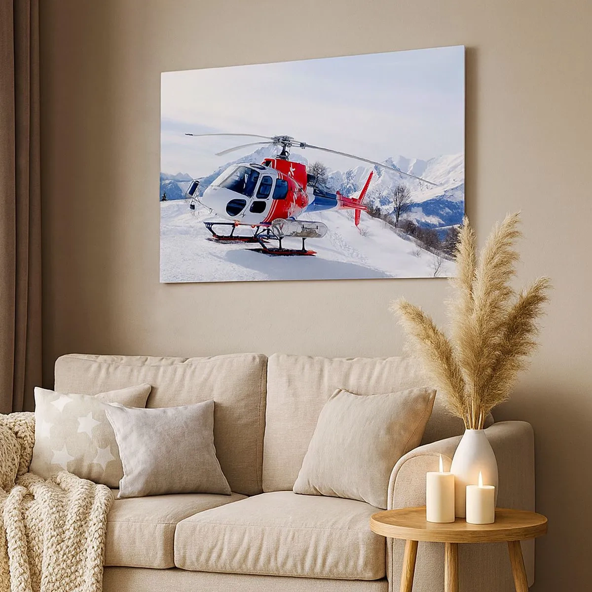 Quadro em tela - Um helicóptero vermelho em uma paisagem de montanha nevada. - 70x50cm - Sempre pronto - Decoração de parede moderna para a sala de estar e quarto ARTTOR