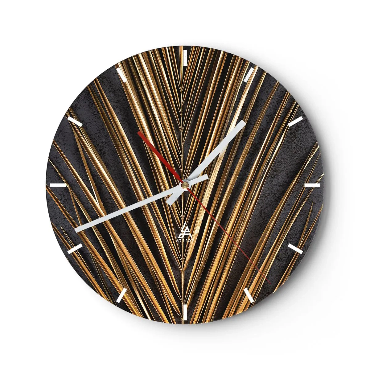 Relógio de parede - Relógio em vidro - Folhas de palmeira douradas em um fundo escuro - 30x30cm - Ouro dos trópicos - Decoração de parede moderna para a sala de estar, cozinha e quarto ARTTOR