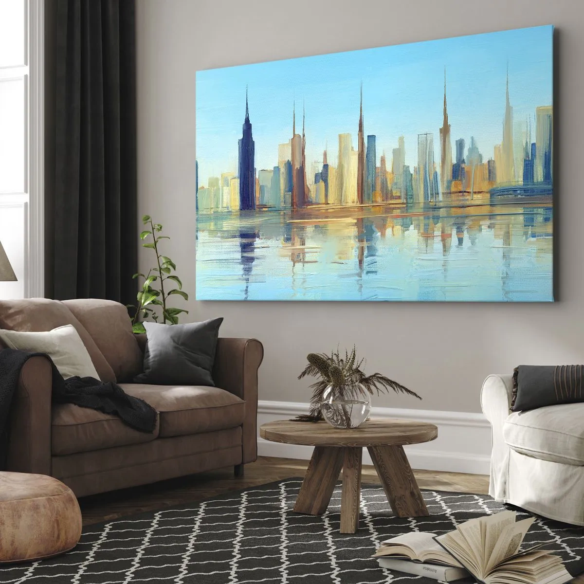 Quadro em tela - Um panorama da cidade em cores quentes com reflexo na água - 70x50cm - Uma metrópole ensolarada - Decoração de parede moderna para a sala de estar e quarto ARTTOR