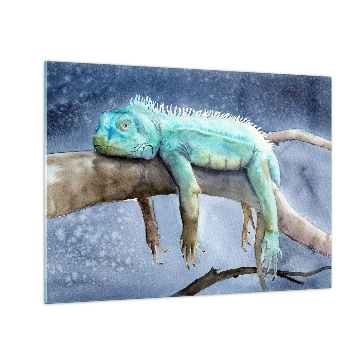 Quadro em vidro - Iguana azul deitada em um galho em estilo aquarela - 70x50cm - Estamos bem! - Decoração de parede moderna para a sala de estar e quarto ARTTOR